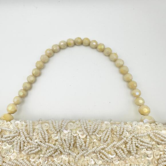 Vintage Ivory Silk Bead Sequin Double Flap Evening Top Handle Bag Hong Kong - Picture 4 of 9
